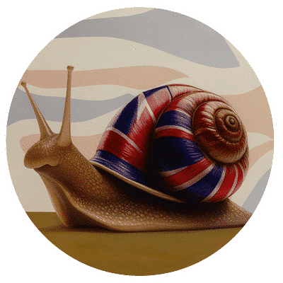L’Escargots UK Logo - A snail with a red and green shell similar to the Union Jack flag.